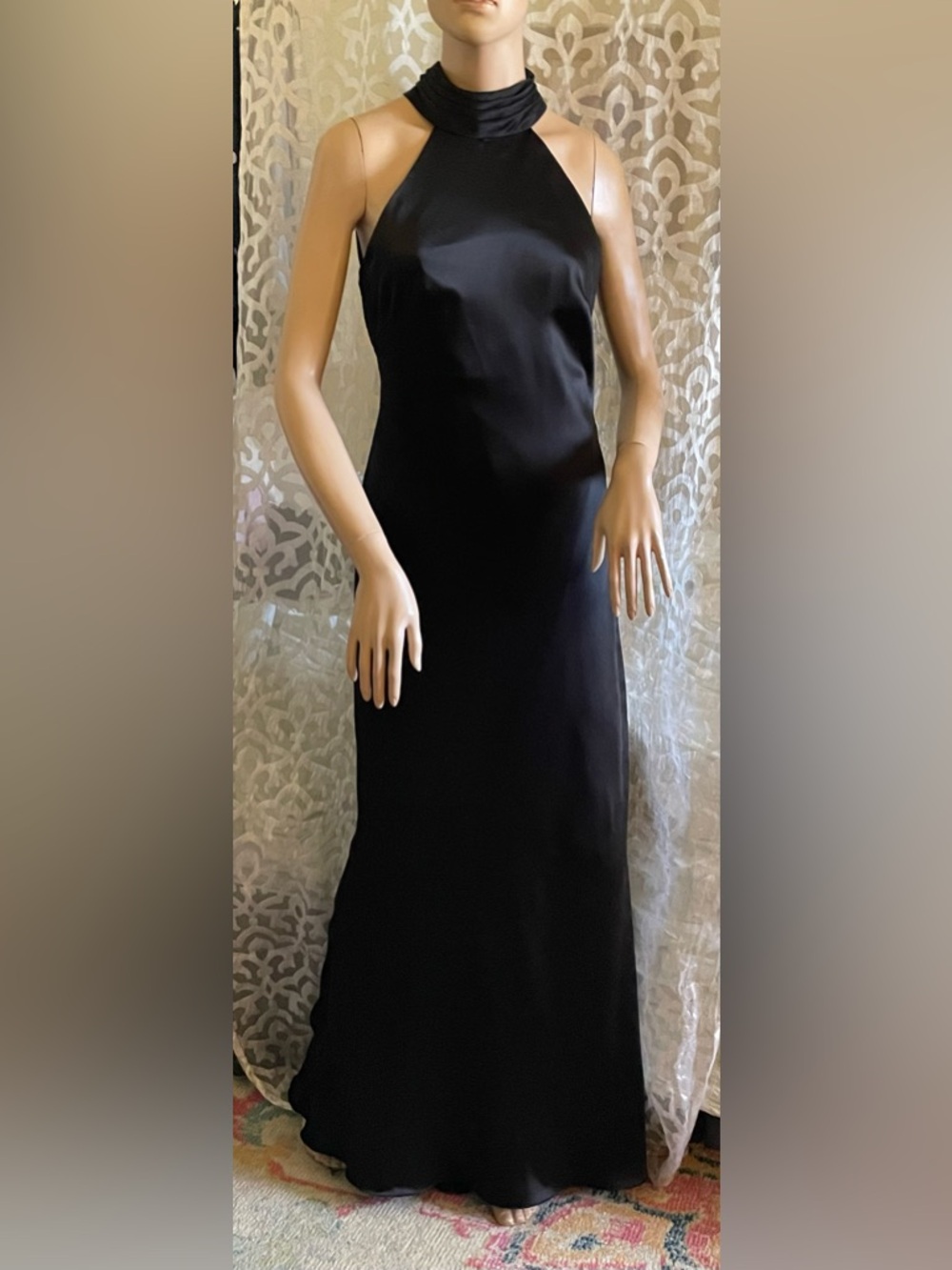 Xscape Evenings Black Halter Tie Neck Satin Sheath Gown size 4 - Picture 2 of 13